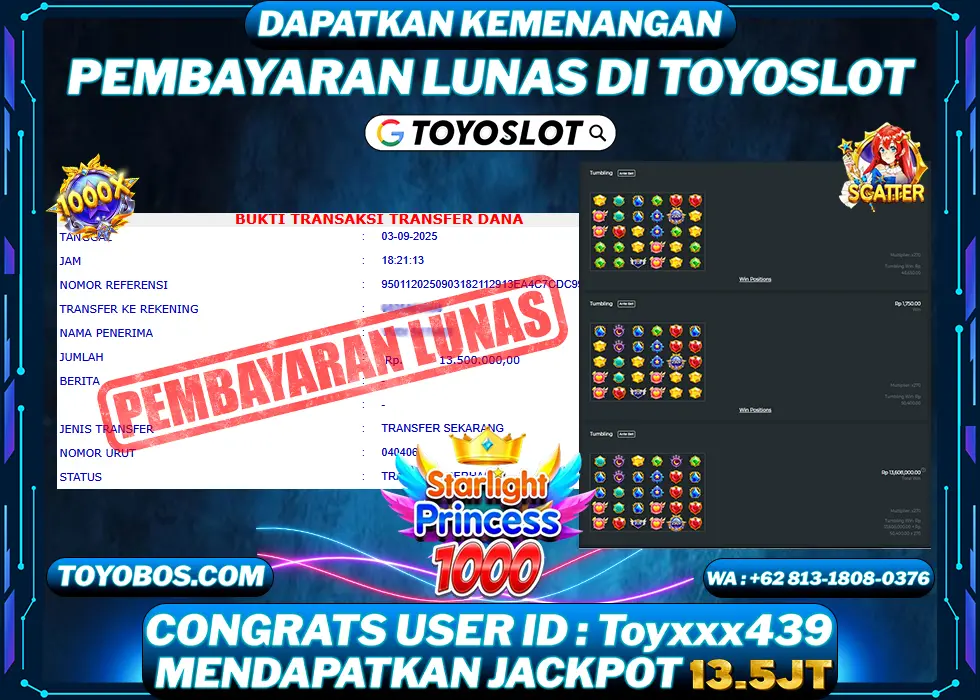 TOYOSLOT - BUKTI KEMENANGAN Starlight Princess 1000x Rp13,500,000,- LUNAS